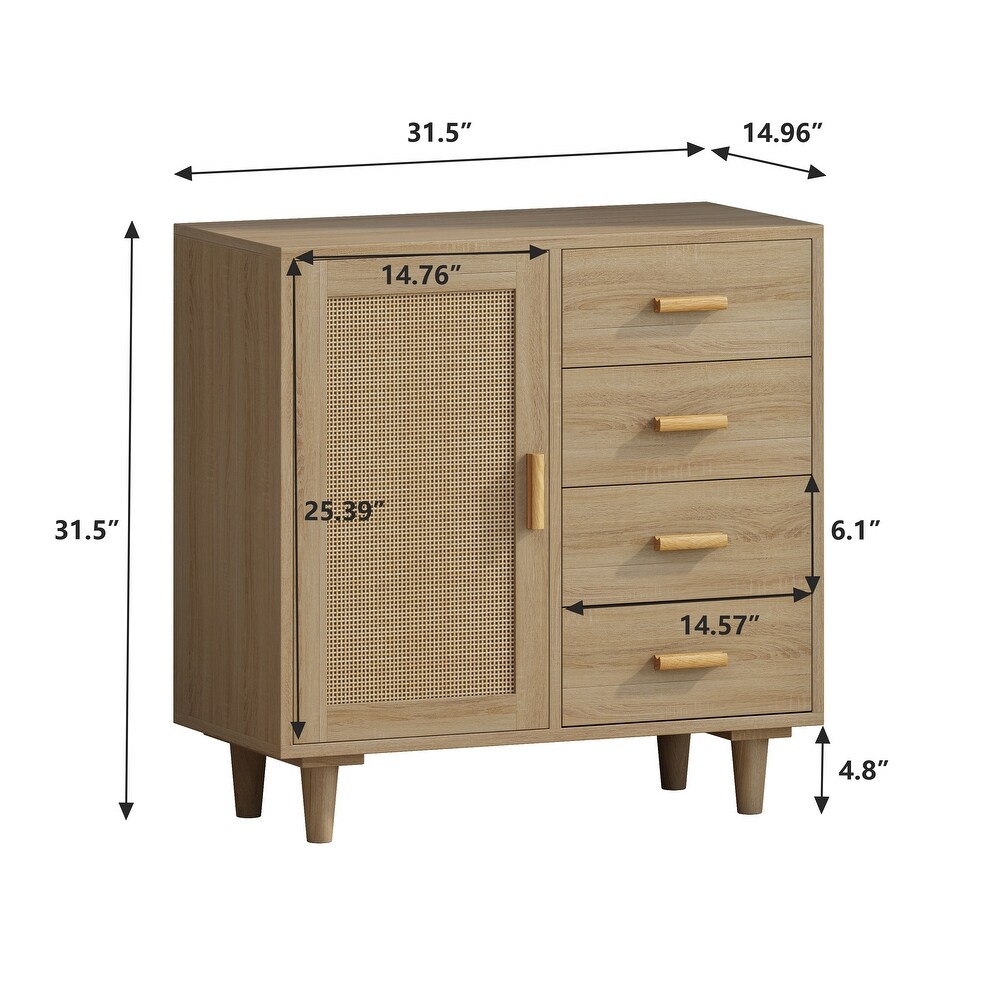 4 Drawers Wooden Cabinet with Rattan Doors