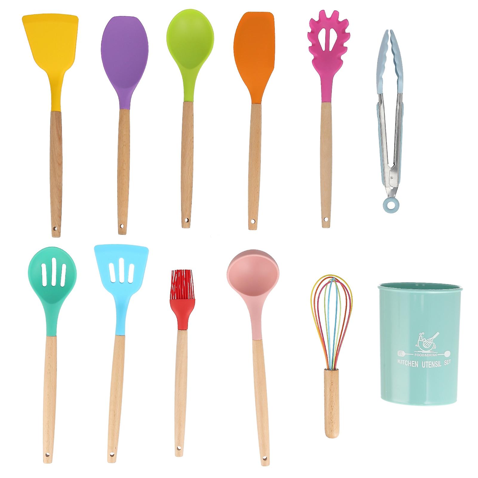 12pcs/set Colorful Silicone Kitchenware Set Non Stick Cookware Spatula Wooden Handle Cooking Utensils Set