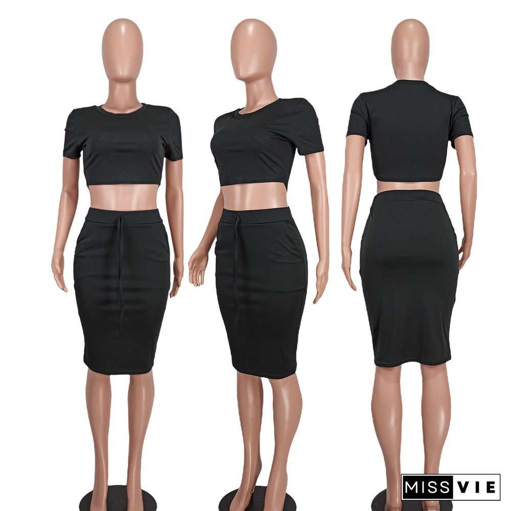 Short Sleeve T-Shirts Crop Tops Midi Skirts 2 Piece Set