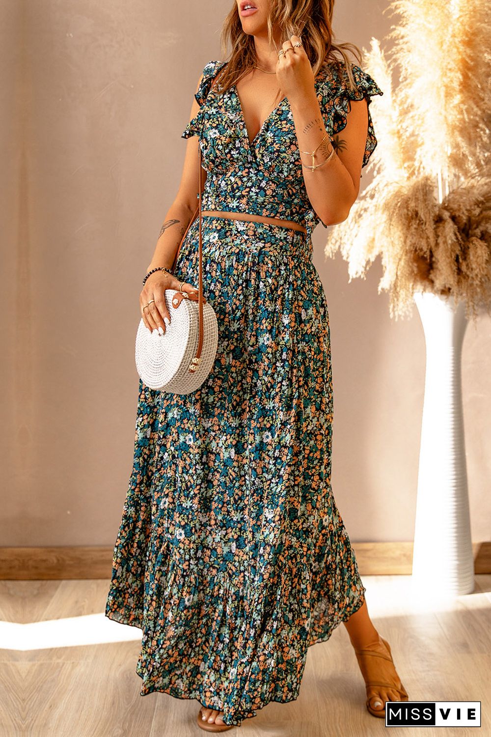 Multicolor Floral Ruffled Crop Top and Maxi Skirt Set