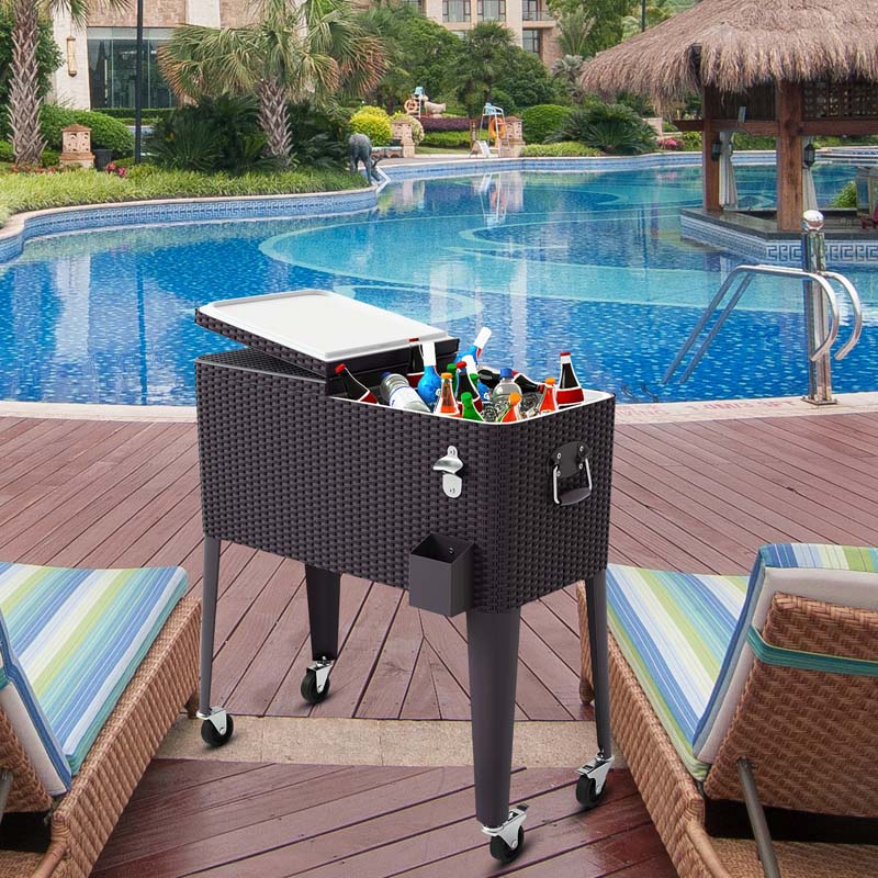 80 QT Rattan Outdoor Patio Rolling Beverage Wine Cooler Cart Portable Bar Cart with Bottle Opener & Cap Catcher