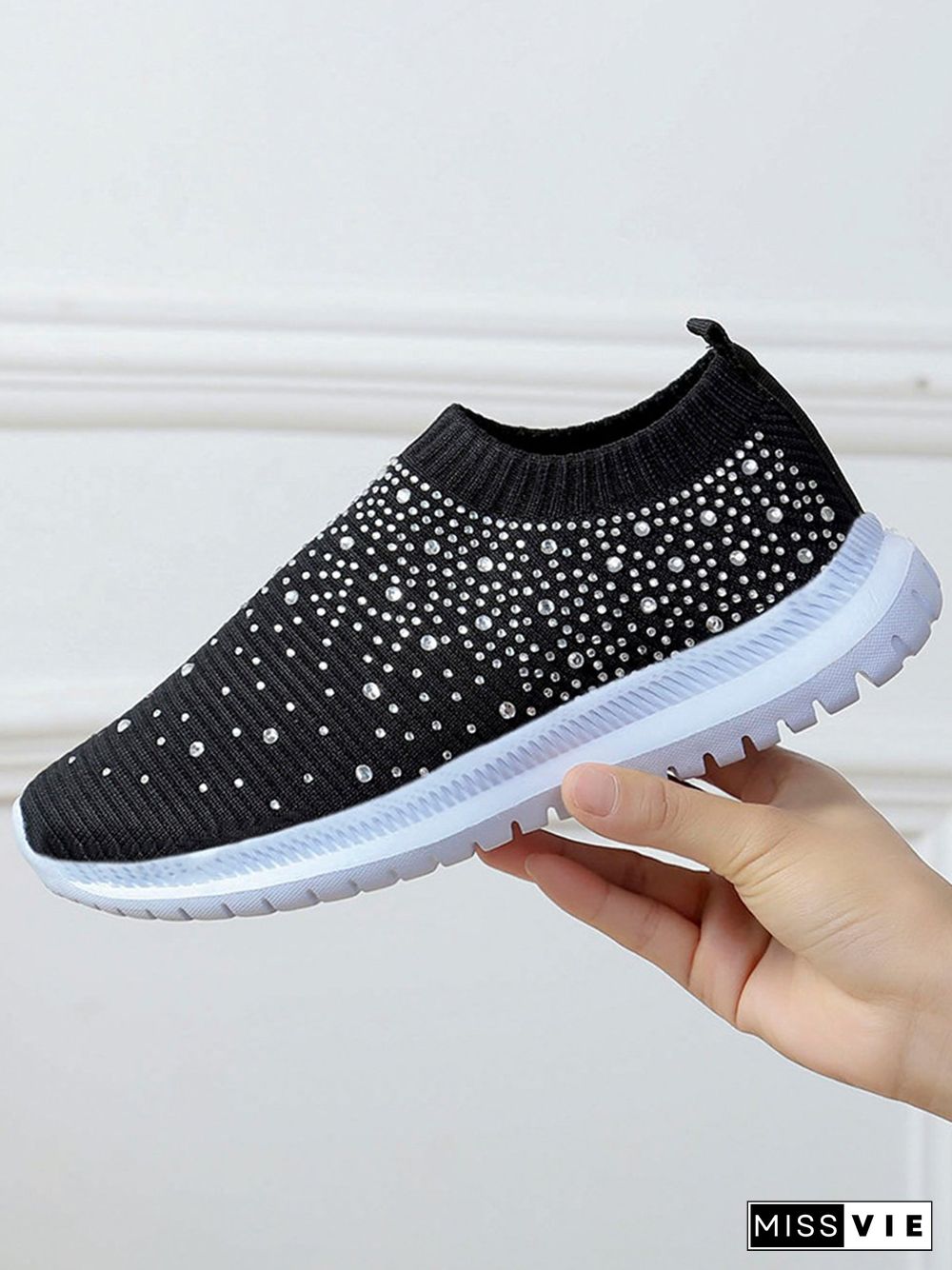 Rhinestone Design Portable Overfoot Lightweight Flyknit Sneakers