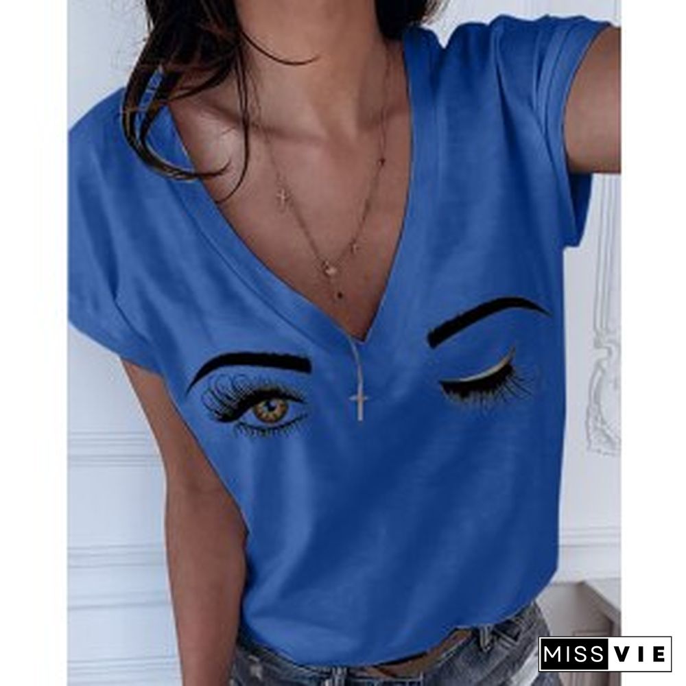 Fashion New Casual Tops Graphic Tshirts FemaleSummer Eyebrows Eye Print Short Sleeve V-neck Women T-shirt