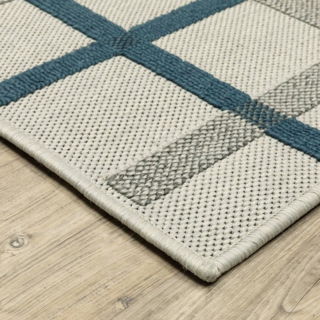 Trinity Textured Plaid Patio Area Rug Beige blue Captiv8e Designs