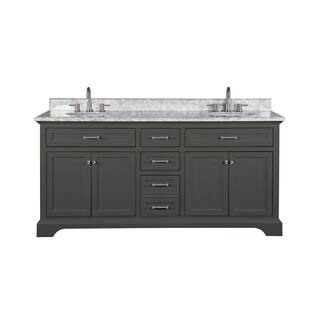 Home Decorators Collection Windlowe 73 in. W x 22 in. D x 35 in. H Freestanding Bath Vanity in Gray with Carrara White Marble Marble Top 15101-VS73C-GR