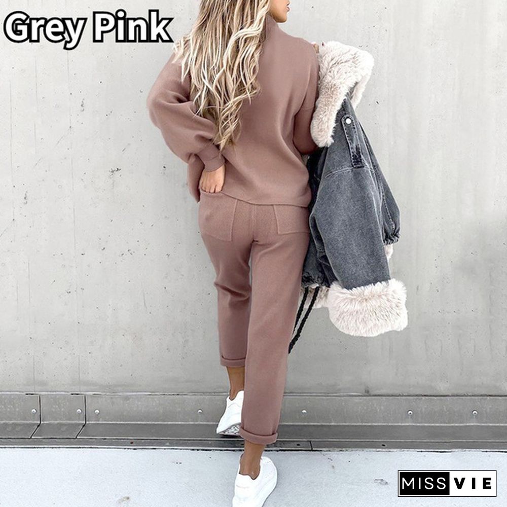 Women's Solid Color Turtleneck Sweatshirt With Drawstring Pants Casual Long Sleeve Pullover Sports Set Two Piece Outfit Plus Size Xxs-5Xl