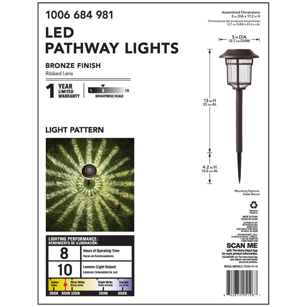 Hampton Bay Solar Bronze LED Path Light 10 Lumens (6-Pack) P3100-01-12