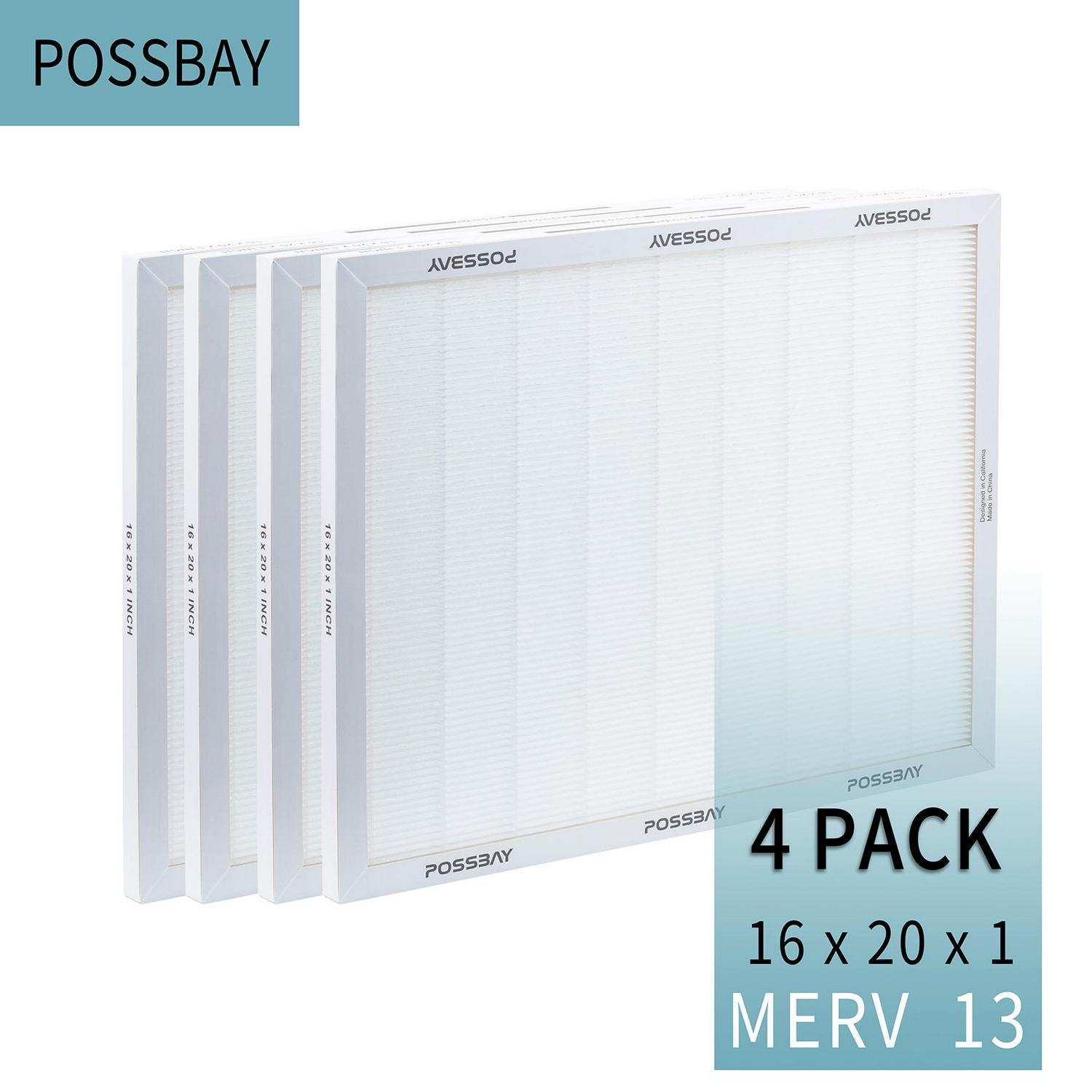 Possbay 16x20x1 MERV 13 Air Filter，4 Pack For AC Furnace Pleated Replacement HVAC System Reduce Dust