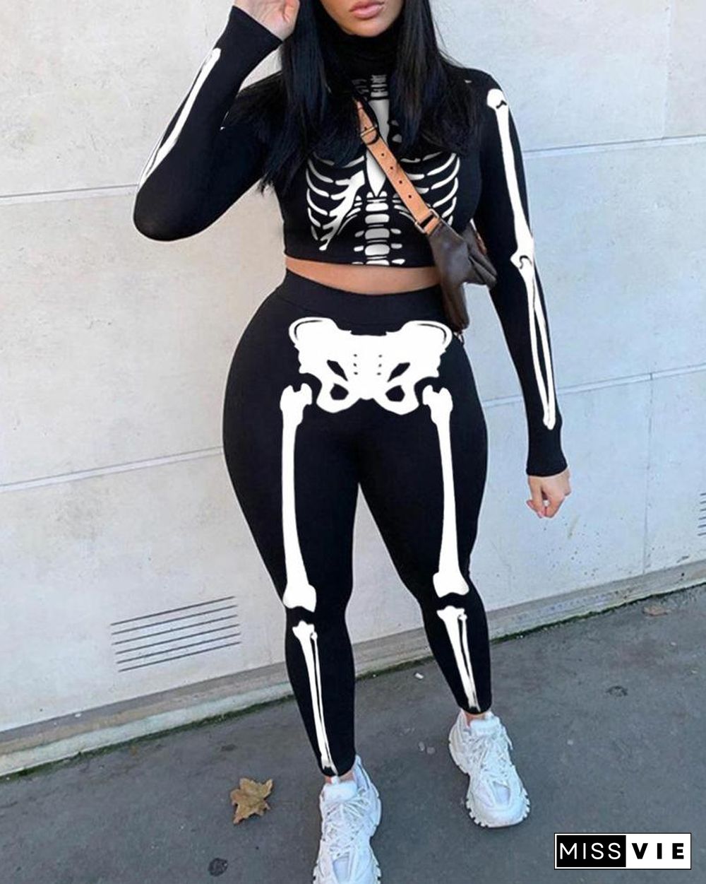 Skeleton Print Crop Top & High Waist Pants Set