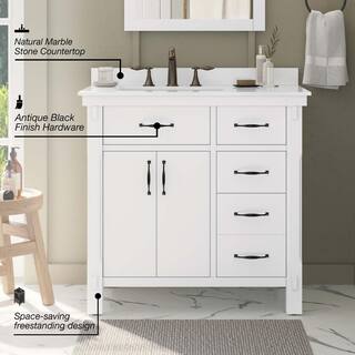 Home Decorators Collection Bellington 36 in. W x 22 in. D x 34.5 in. H Bath Vanity in White with White Engineered Stone Top Bellington 36W