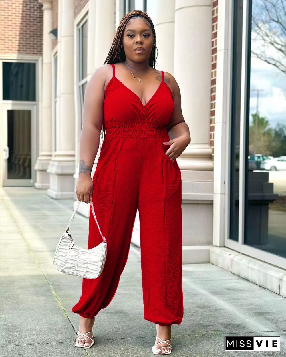 5XL Plus Size V Neck Spaghetti Strap Loose Jumpsuits