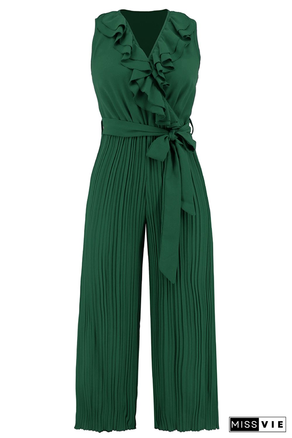 V Neck Ruffles Pleated Sleeveless Jumpsuit