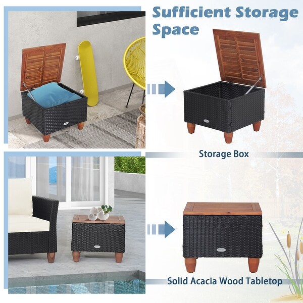 3PCS Patio Rattan Furniture Set Sofa Storage Table with Wood Top