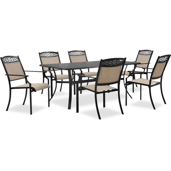 Cambridge Tulla 7Piece Set with 6 Sling Stationary Chairs and 39In. x 68In. CastTop Dining Table in Tan