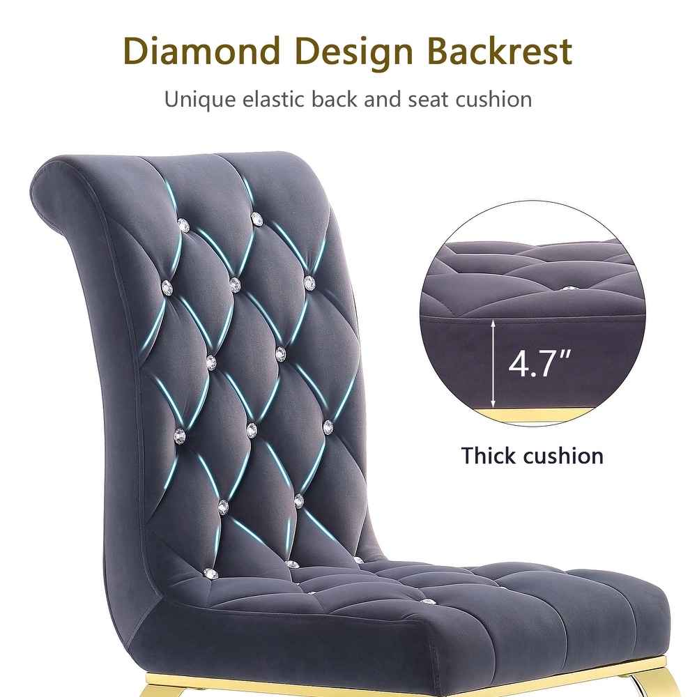 Luxury Gray Velvet Tufted Upholstered Dining Chairs with Polished Gold Cabriole Legs