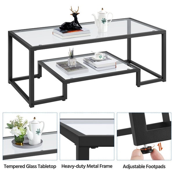 Modern Glass Coffee Table with Metal Frame， Black