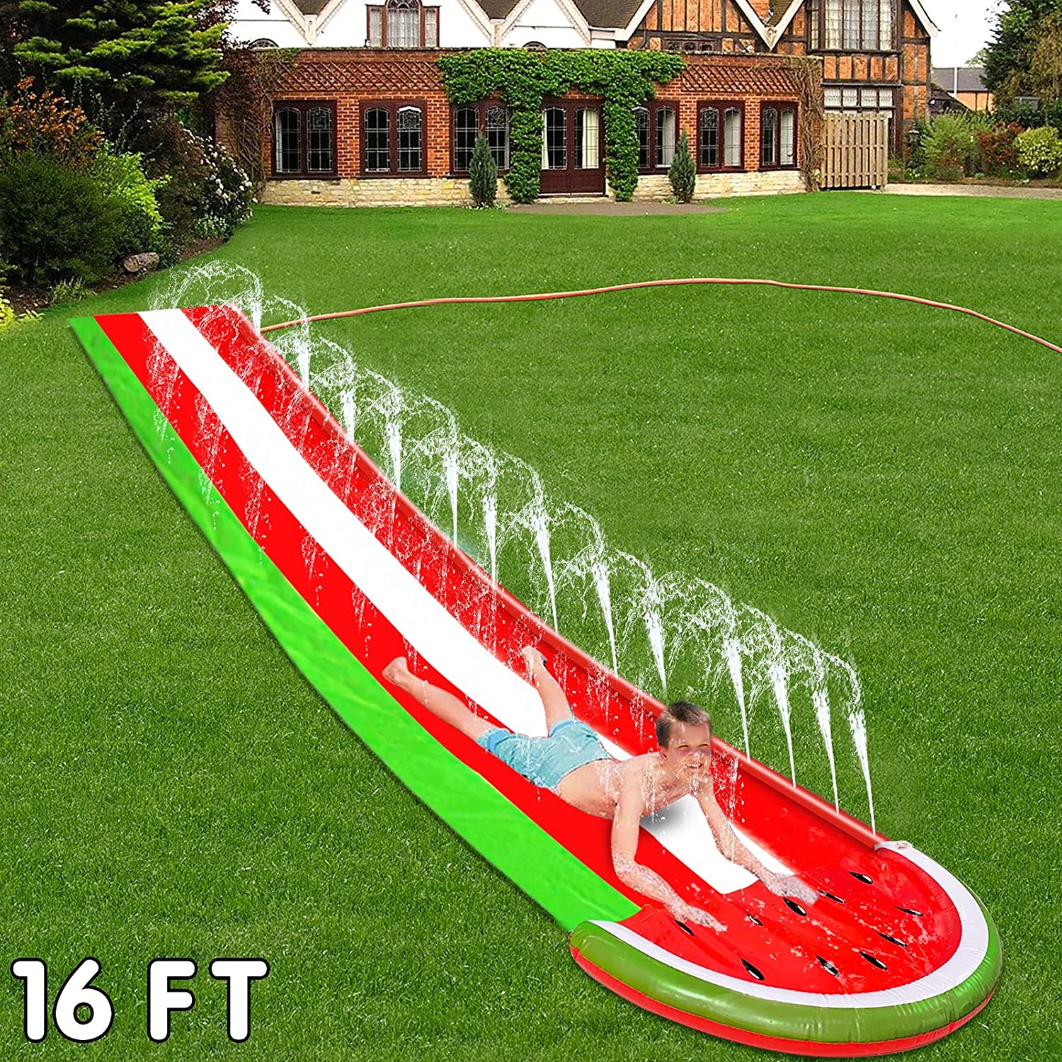 Intera 16 Ft Watermelon Slip Slide Lawn Water Slides with Sprinkler Inflatable Crash Splash Pad Outdoor Water Toys for Kids Toddlers Children Backyard Summer Beach Swimming Pool Games Party Toys