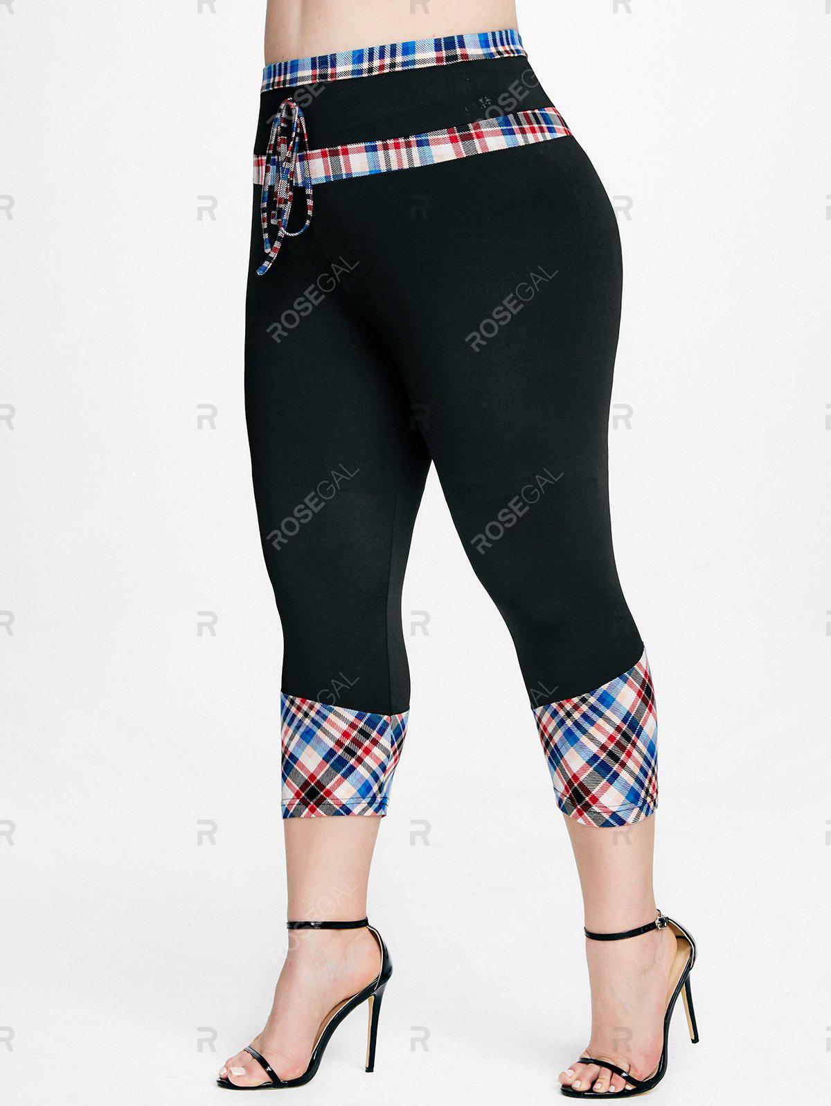 Plaid Harness Halter Handkerchief Tank Top and Plaid High Waisted Capri Leggings Plus Size Summer Outfit