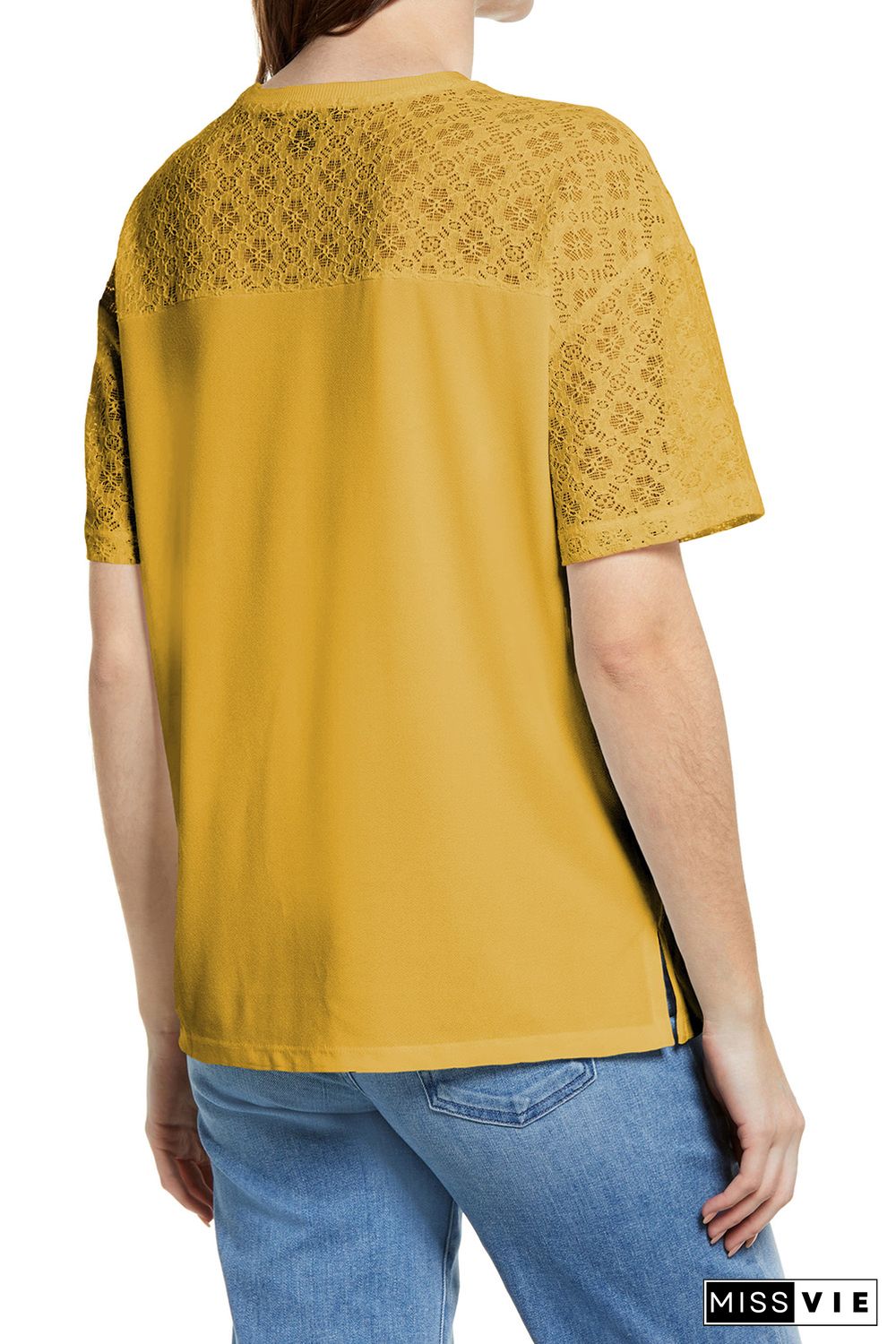 Yellow Plain Lace Stitching Short Sleeve Tee