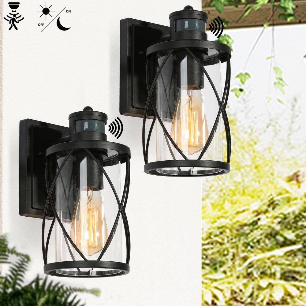 Uolfin Modern Black Drum Outdoor Wall Light TORA 1-Light Motion Sensor Wall Lantern Sconce with Clear Glass Shade (2-Pack) 628L8JYJMYB746D