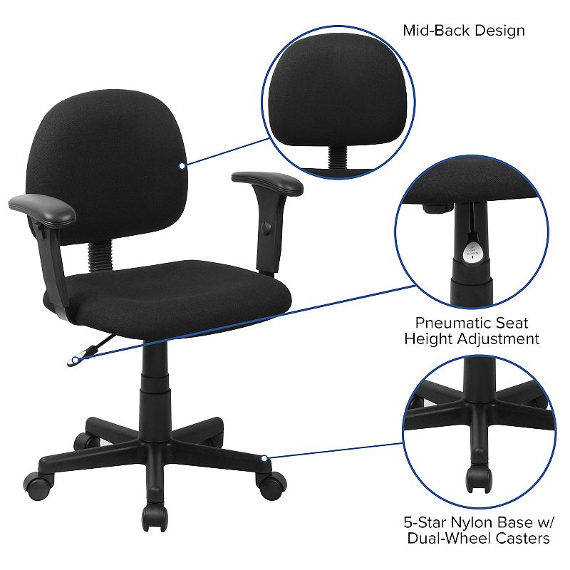 Emma and Oliver Low Back Black Fabric Swivel Task Office Chair with Adjustable Arms