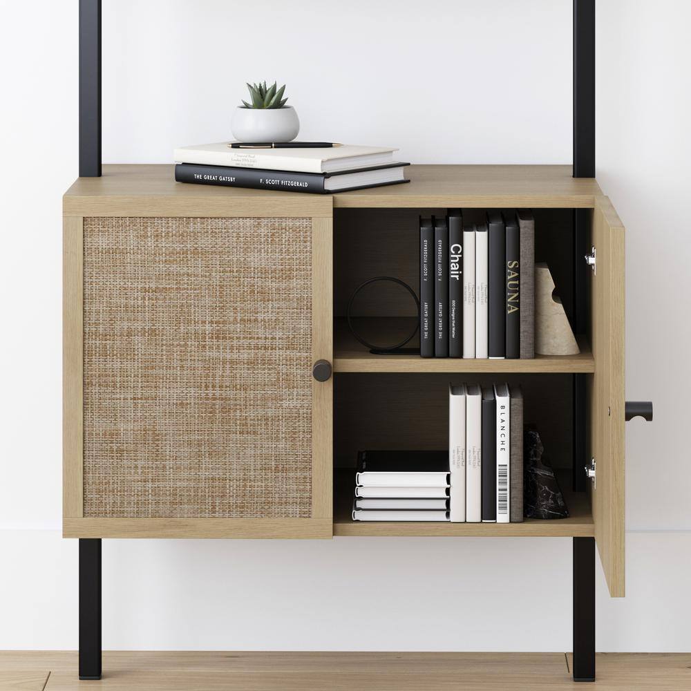 Nathan James Theo Open Shelf 73 in. High Light Oak Wood 3-Shelf Ladder Bookcase with Rattan Cabinet Doors and Matte Black Frame 66501