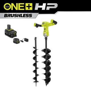 RYOBI ONE+ HP 18V Brushless Cordless Earth Auger with 4 in. and 6 in. Bit with 4.0 Ah Battery and Charger P2930-4