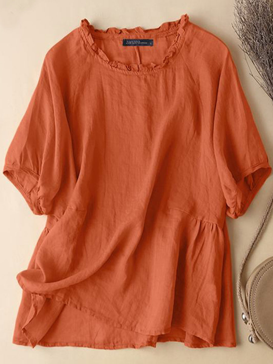 Casual Loose Solid Color Short Sleeve Blouse