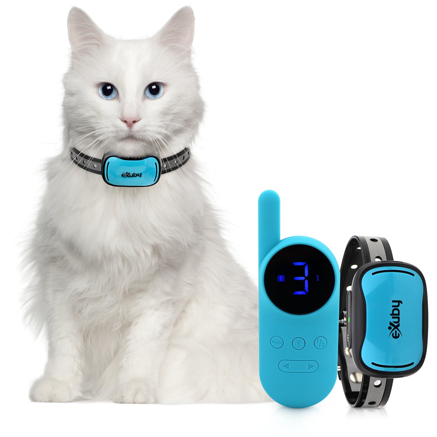 Exuby Small Cat Shock Collar with Remote， Designed for Training Cats， Prevents Unwanted Meowing， Scratching and Roaming， Sound， Vibration and Shock Modes， 9 Intensity Levels – Waterproof