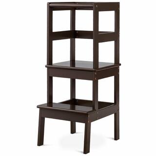 WELLFOR 2-Step Pine Wood Step Stool 330 lbs. Learning Toddler Tower with Safety Rail in Brown BB-HGY-5551CF