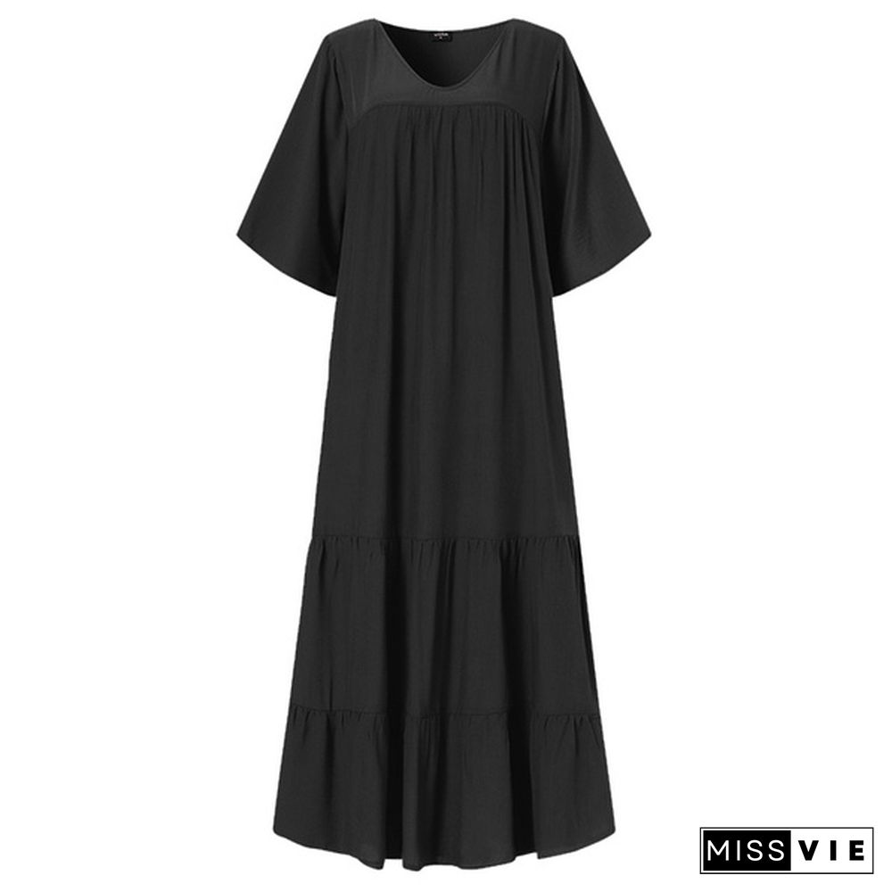 Women's Fashion Maxi Dress Casual Short Sleeve V Neck Loose Pleated Tunic Dress Kaftan Dress Kleid Plus Size