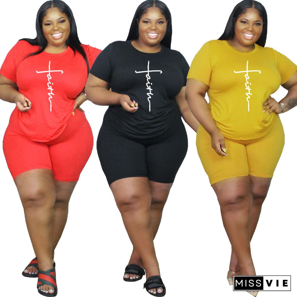 Plus Size Letter Short Sleeve T Shirts Shorts Sets