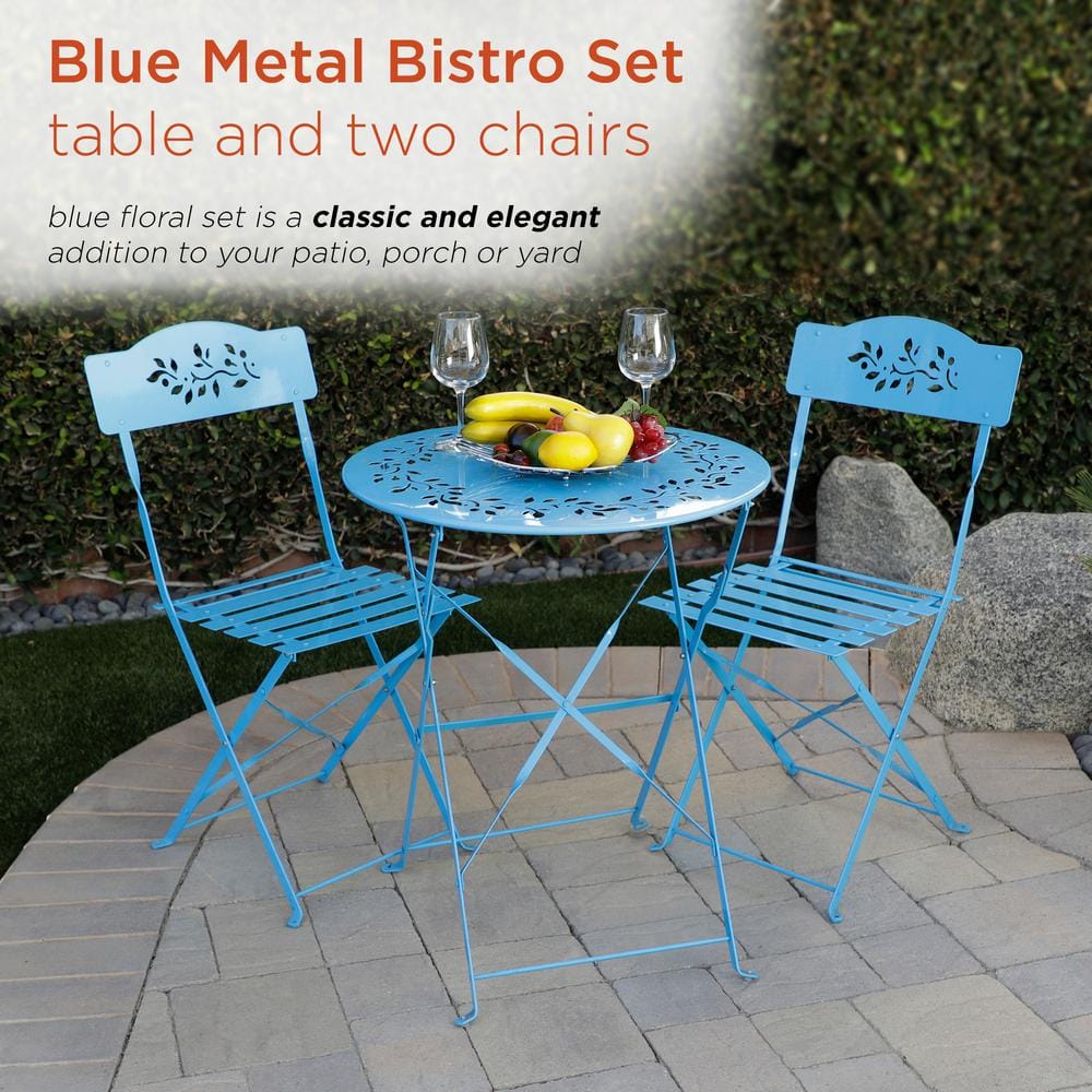 Alpine Corporation Indoor/Outdoor 3-Piece Bistro Set Folding Table and Chairs Patio Seating, Blue MSY100A-BL