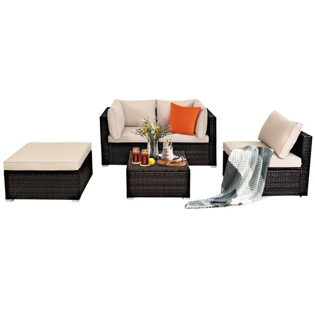 Tangkula 5 piece Outdoor Patio Sectional Rattan Wicker Conversation Sofa Set With Turquoise yellowish Cushions