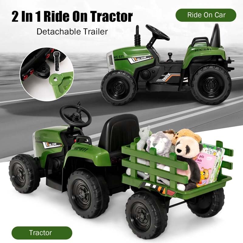 Kids Ride on Tractor w/Trailer 12V Battery Powered Electric Riding Toy Car Vehicle with 3-Gear-Shift Ground Loader