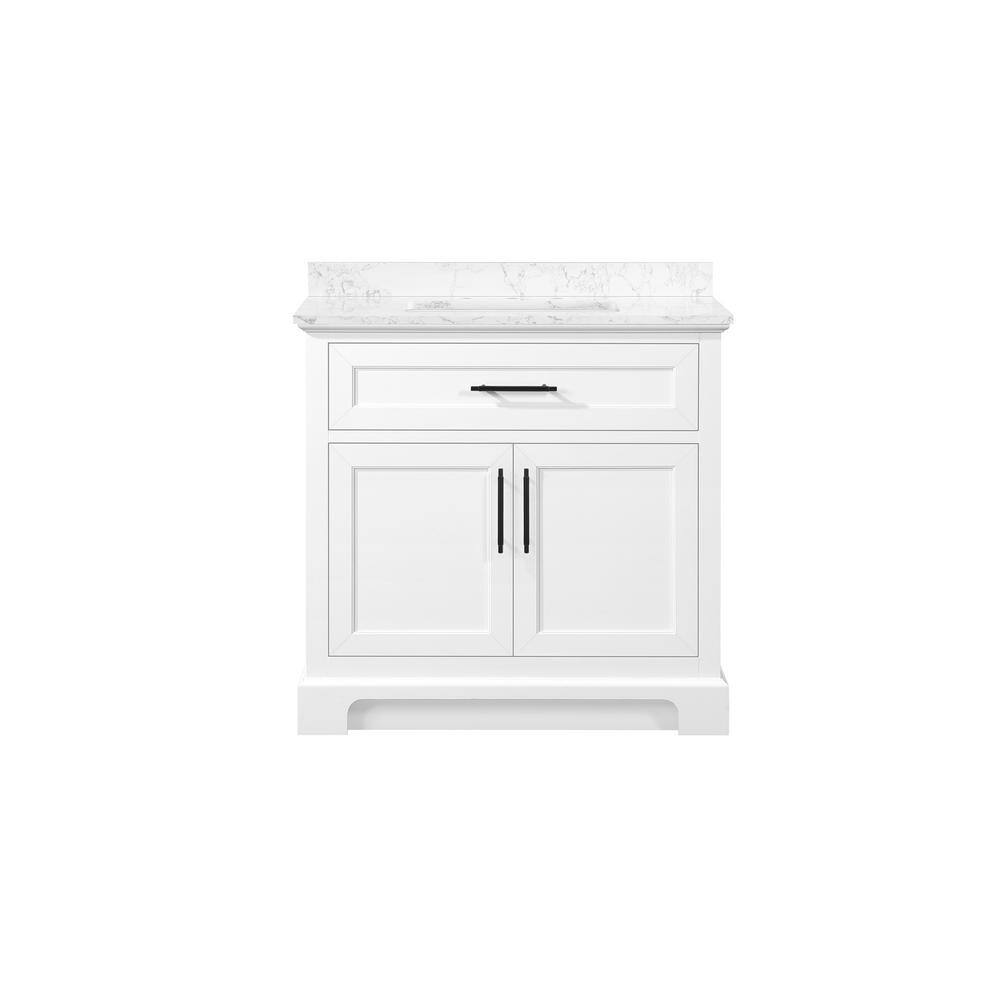 Home Decorators Collection Doveton 36 in. W x 19 in. D x 34.50 in. H Freestanding Vanity in White with White Engineered Stone Top Doveton 36W