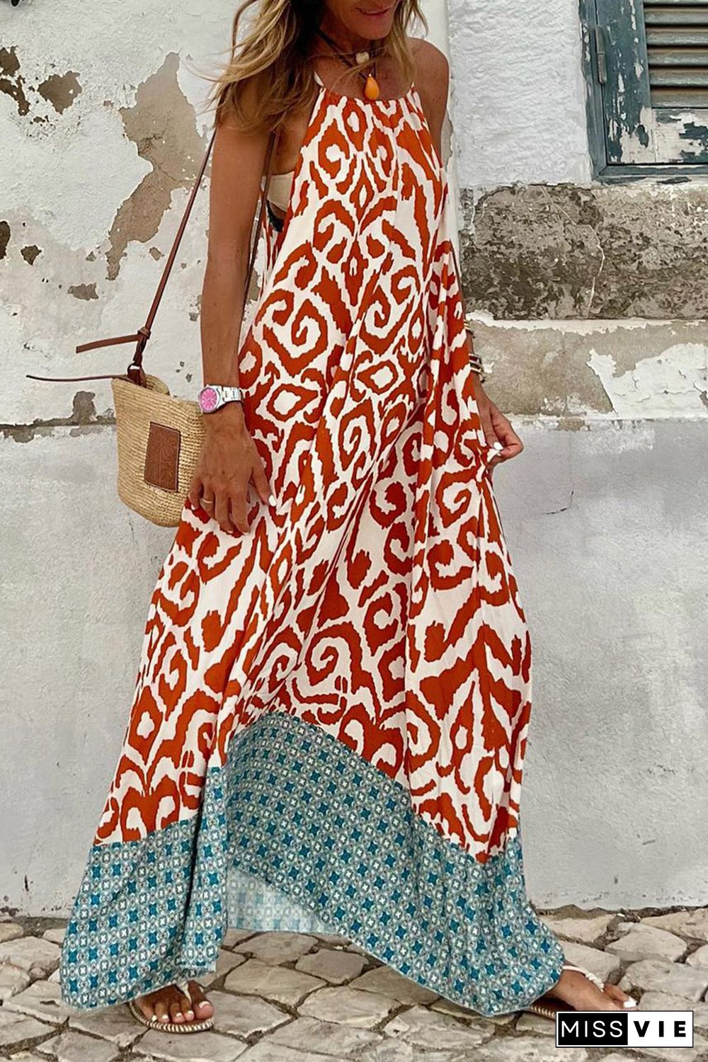 Orange Boho Geometric Print Sleeveless Maxi Dress