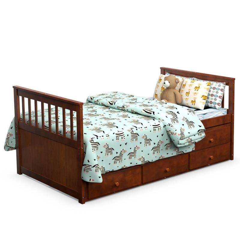 Twin Captain's Bed with Trundle Bed, Storage Daybed with 3 Drawers, Wooden Platform Bed for Kids Guests Sleepovers