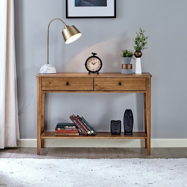 BIKAHOM Mid-Century Solid Wood 2-Tier Console Table with Drawers and Shelf/Console Sofa Table/Hallway/Entryway Table