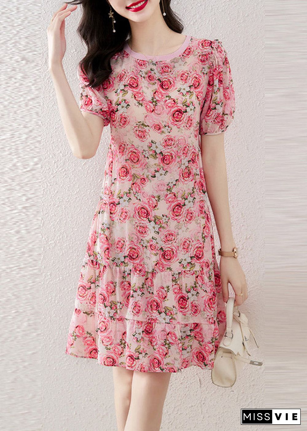 Italian O-Neck Print Wrinkled Silk Mid Dresses Short Sleeve