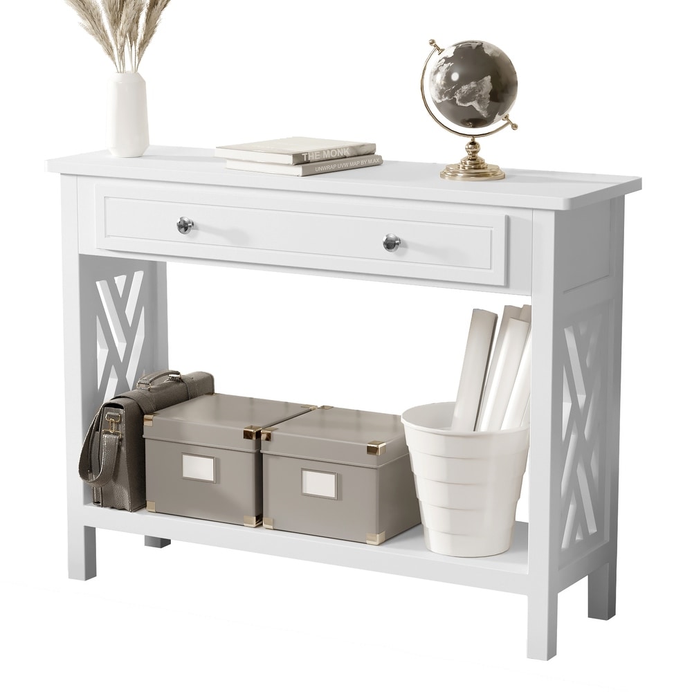 Wood Console Table Entryway Table with Drawer and Shelf  White