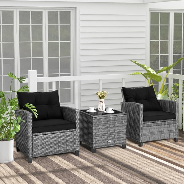 3Piece Outdoor Wicker Patio Furniture Set with Tempered Glass Coffee Table