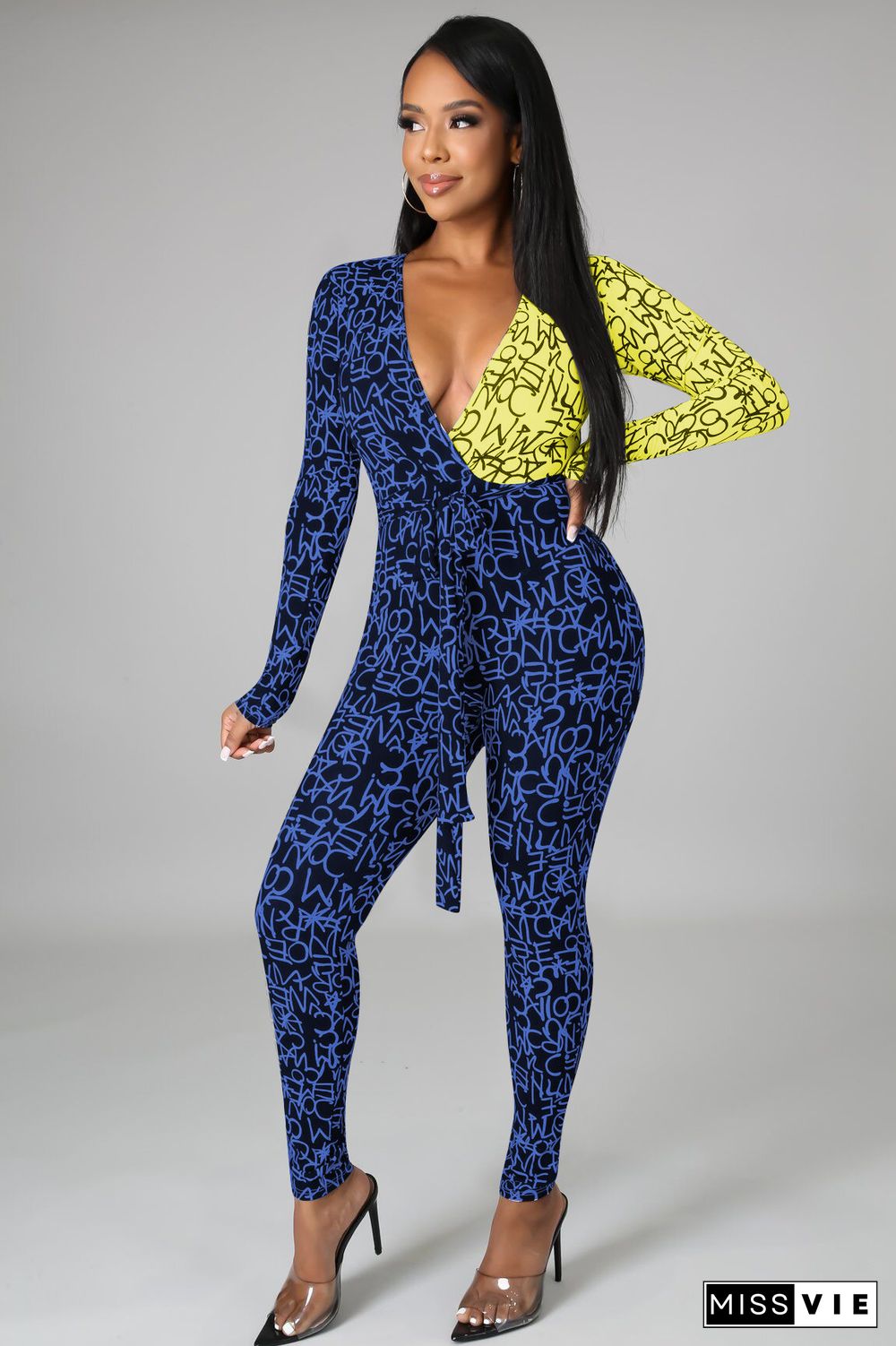 Sexy Letter Print Patchwork Long Sleeve V Neck Lace Up Bodycon Fall One Piece Womens Jumpsuits