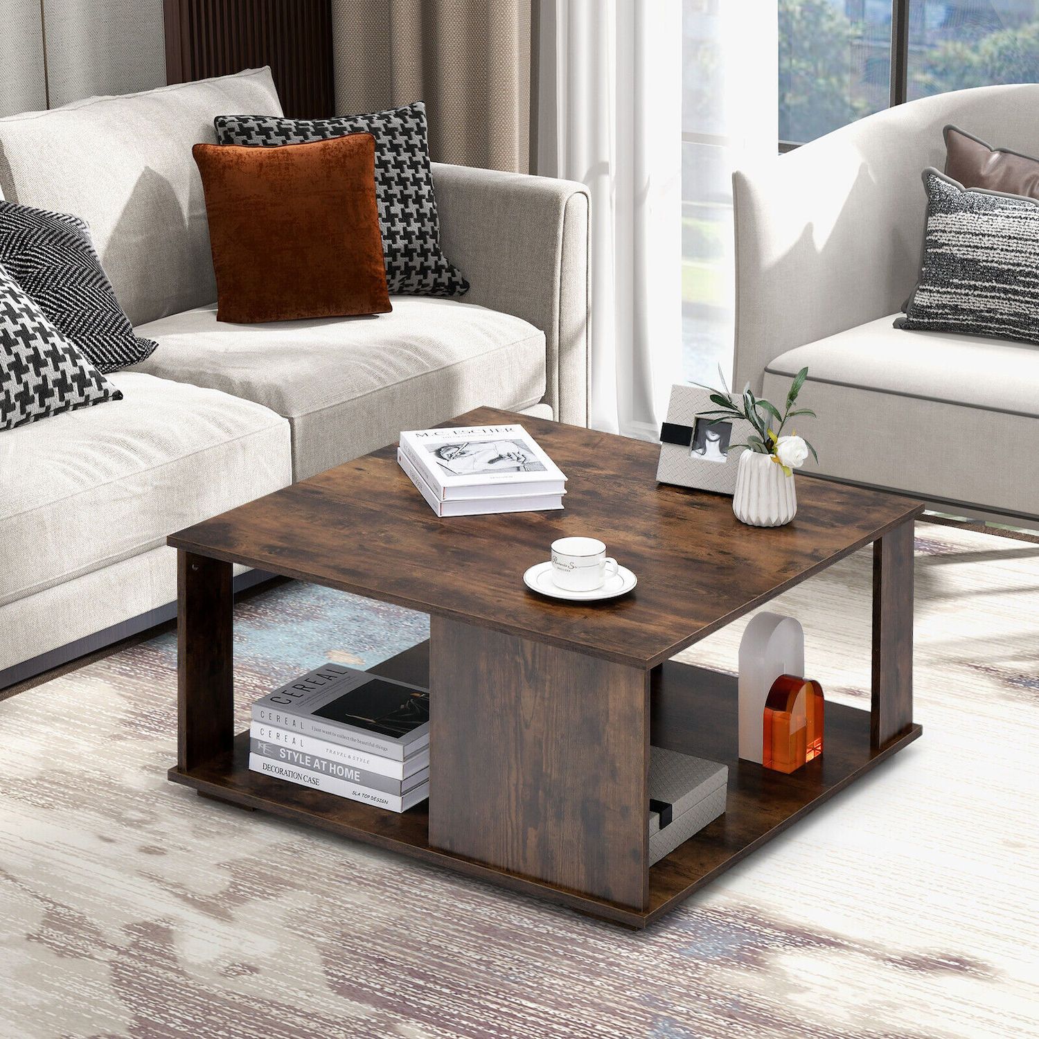 2 Tiers Square Coffee Table with Storage and Non-Slip Foot Pads-Rustic Brown