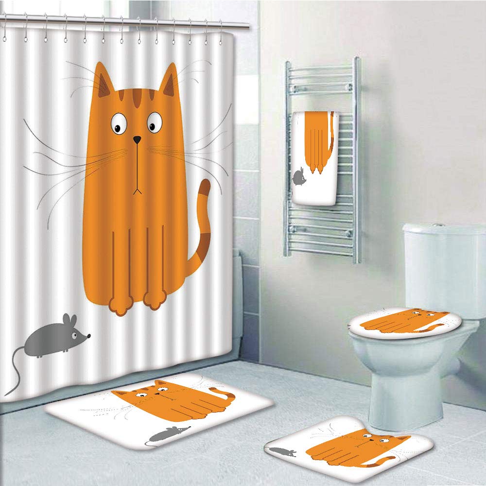 PRTAU Cartoon Cute Cat Looking at Mouse Hunter Kitty Fun Humor Kids Animal Marigold 5 Piece Bathroom Set Shower Curtain Bath Towel Bath Rug Contour Mat and Toilet Lid Cover