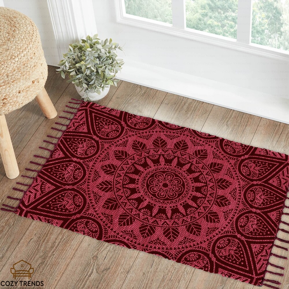 Cotton Woven Boho Rug 2'x3' Small Rug with Tassel  Versatile Washable Throw Rug for Bedroom Bathroom Hallway  Laundry  Entryway