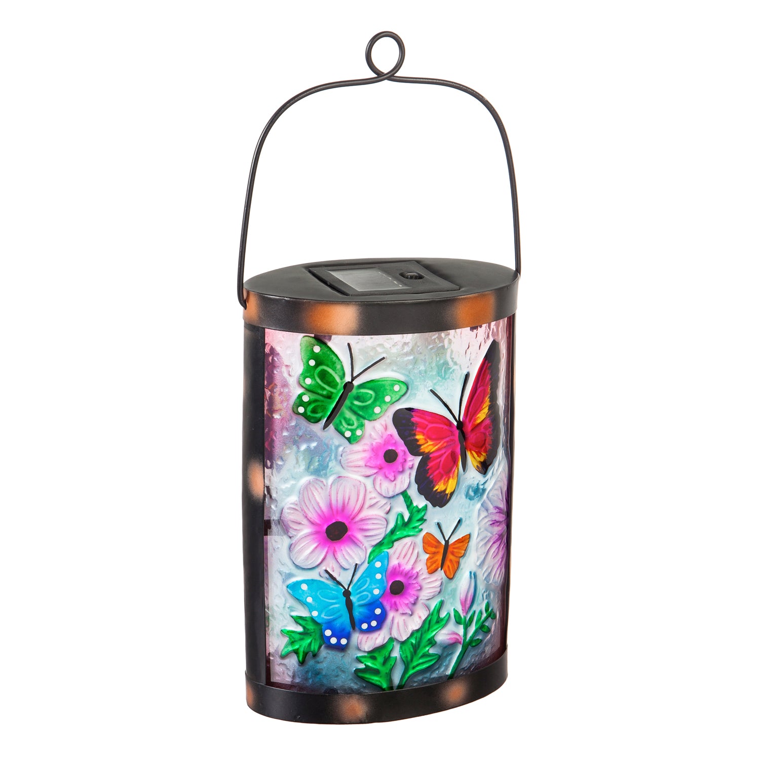 Evergreen Handpainted Solar Glass Lantern， Butterfly Prints， 3.7'' x 5.9'' x 9.5'' inches.