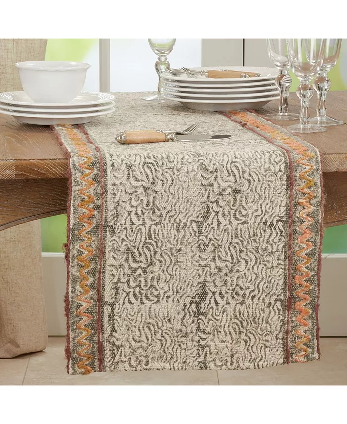 Saro Lifestyle Cotton Table Runner with Block Print Embroidered Design 72 x 16