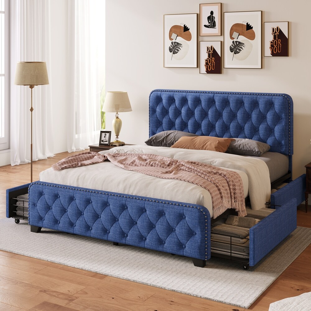 Upholstered Platform Bed Frame with Four Drawers Tufted Headboard and Footboard