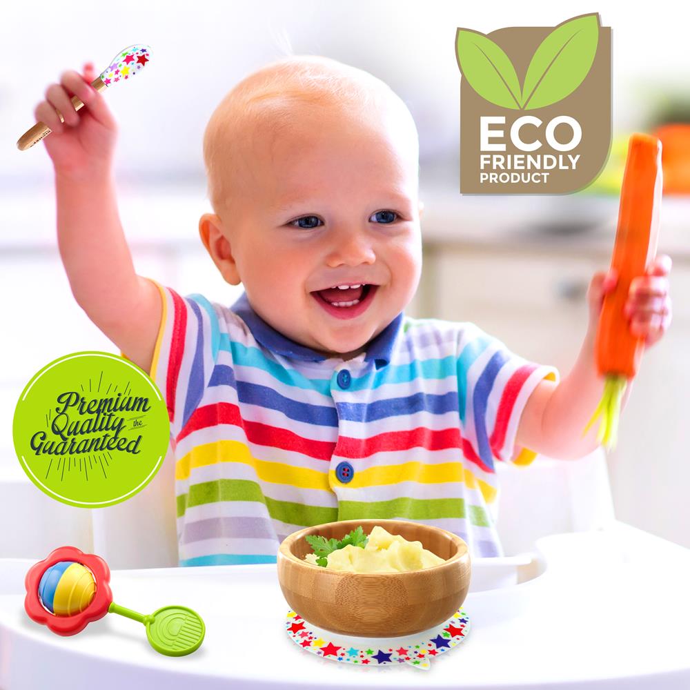 NutriChef Bamboo Baby Feeding Bowl - Wooden Infant Toddler Dish and Spoon Set w/ Silicone Suction Base for Stay Put Eating， BPA-Free， Hypoallergenic， For Children Aged 4-72 Months (Stars